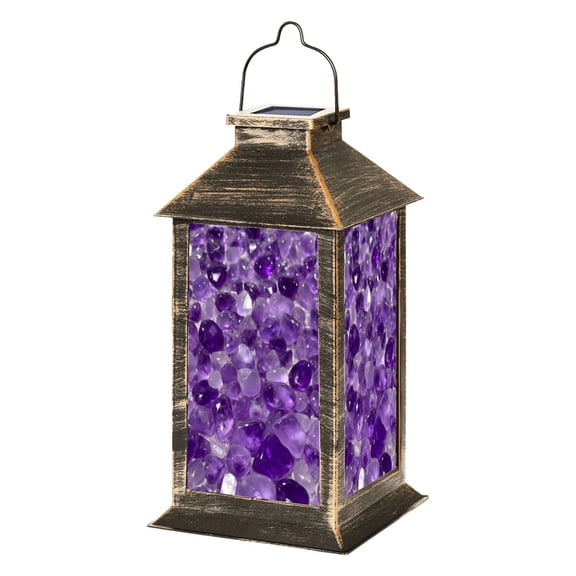 Solar Lantern Purple Amethyst Crystal Cluster Shimmering Facets Garden Hanging Lantern Waterproof Solar Powered Lighting Outdoor Lamp for Deck Yard Camping Patio Decor