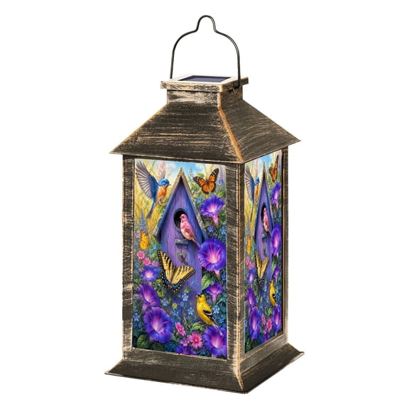 Solar Lantern Purple Birdhouse Colorful Birds Butterflies Flower Garden Garden Hanging Lantern Waterproof Solar Powered Lighting Outdoor Lamp for Deck Yard Camping Patio Decor