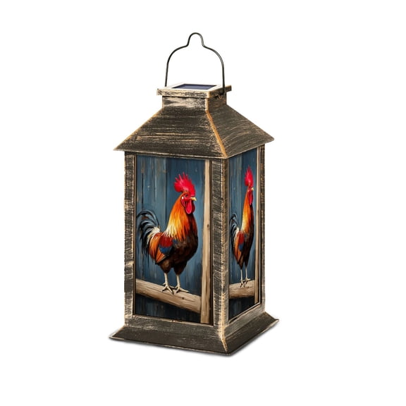 Solar Lantern Rooster Bold Red Comb Colorful Feathers Farmhouse Rustic Garden Hanging Lantern Waterproof Solar Powered Lighting Outdoor Table Lamp for Deck Yard Camping Patio Decor
