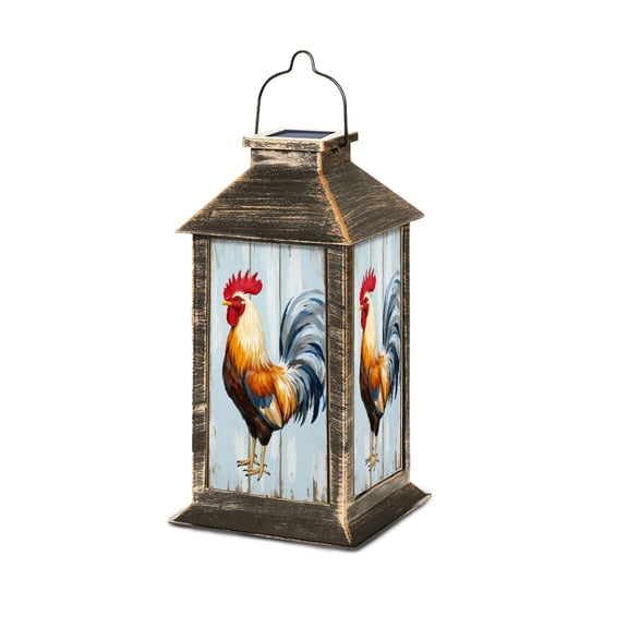 Solar Lantern Rooster Farmhouse Rustic Wooden Planks Red Comb Blue Garden Hanging Lantern Waterproof Solar Powered Lighting Outdoor Table Lamp for Deck Yard Camping Patio Decor