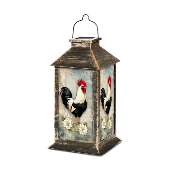 Solar Lantern Rooster Vintage Collage Flowers Rustic Farmhouse Rustic Garden Hanging Lantern Waterproof Solar Powered Lighting Outdoor Table Lamp for Deck Yard Camping Patio Decor