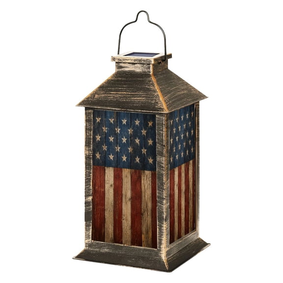 Solar Lantern Rustic American Flag Weathered Wooden Planks Garden Hanging Lantern Waterproof Solar Powered Lighting Outdoor Lamp for Deck Yard Camping Patio Decor