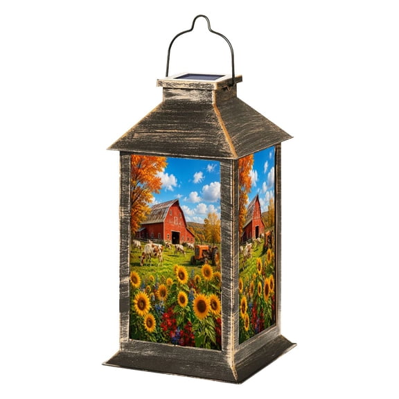 Solar Lantern Rustic Red Barn American Flags Sunflowers Farm Tractors Autumn Garden Hanging Lantern Waterproof Solar Powered Lighting Outdoor Lamp for Deck Yard Camping Patio Decor