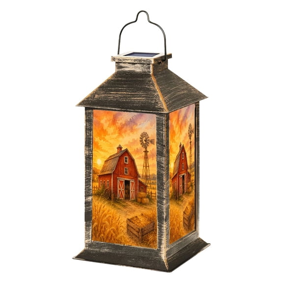 Solar Lantern Rustic Red Barn Windmill Sunset Scenic Countryside Garden Hanging Lantern Waterproof Solar Powered Lighting Outdoor Lamp for Deck Yard Camping Patio Decor