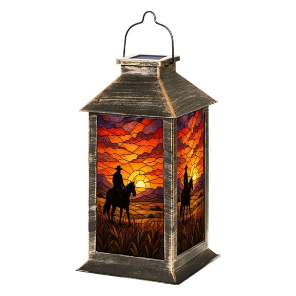 Solar Lantern Rustic Western Cowboy Riding Horse Stained Glass Mosaic Garden Hanging Lantern Waterproof Solar Powered Lighting Outdoor Lamp for Deck Yard Camping Patio Decor