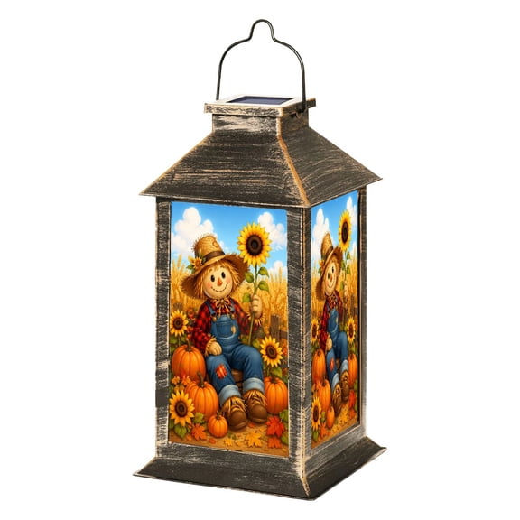 Solar Lantern Scarecrow Plush Doll Sitting Autumn Pumpkin Patch Sunflowers Wheat Garden Hanging Lantern Waterproof Solar Powered Lighting Outdoor Lamp for Deck Yard Camping Patio Decor