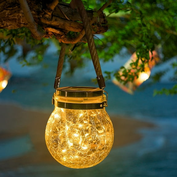 Solar Lantern Solar Lights Outdoor Waterproof Warm Solar Powered Hanging Lights Cracked Glass Hanging Globes for Christmas Decoration, Shepherd Hook, Garden Tree Ornaments