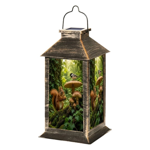 Solar Lantern Squirrel Holding Nut Bird Mushroom Forest Setting Garden Hanging Lantern Waterproof Solar Powered Lighting Outdoor Lamp for Deck Yard Camping Patio Decor