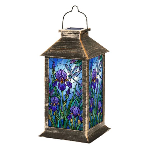 Solar Lantern Stained Glass Art Purple Irises Dragonfly Vibrant Blue Garden Hanging Lantern Waterproof Solar Powered Lighting Outdoor Lamp for Deck Yard Camping Patio Decor