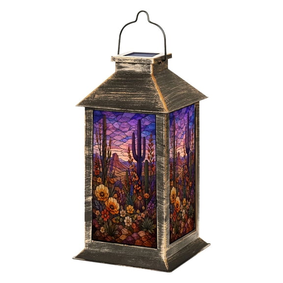 Solar Lantern Stained Glass Cactus Garden Desert Animals Garden Hanging Lantern Waterproof Solar Powered Lighting Outdoor Lamp for Deck Yard Camping Patio Decor