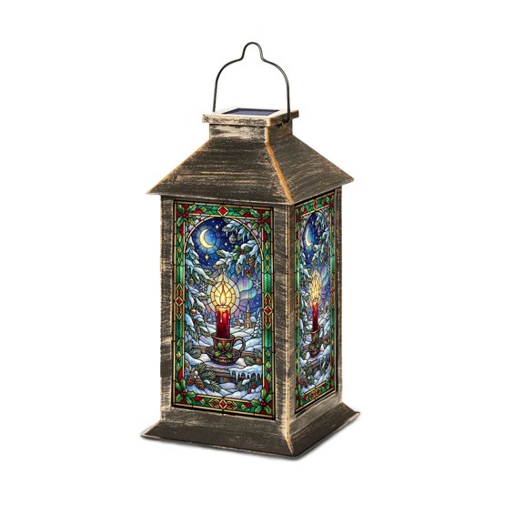 Solar Lantern Stained Glass Candle Prints Winter Moonlight Snowy Landscape Garden Hanging Lantern Waterproof Solar Powered Lighting Outdoor Table Lamp for Deck Yard Camping Patio Decor