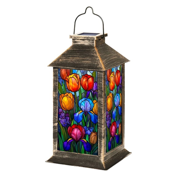 Solar Lantern Stained Glass Floral Arrangement Vibrant Tulips Irises Garden Hanging Lantern Waterproof Solar Powered Lighting Outdoor Lamp for Deck Yard Camping Patio Decor