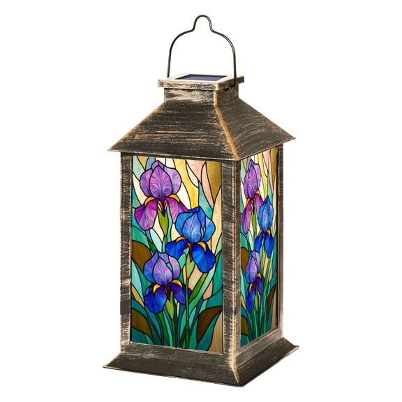 Solar Lantern Stained Glass Iris Flowers Vibrant Purple Blue Tones Garden Hanging Lantern Waterproof Solar Powered Lighting Outdoor Lamp for Deck Yard Camping Patio Decor
