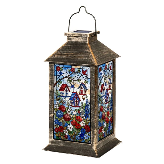 Solar Lantern Stained Glass Window Vibrant Floral Design Hanging Birdhouses Garden Hanging Lantern Waterproof Solar Powered Lighting Outdoor Lamp for Deck Yard Camping Patio Decor