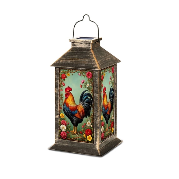 Solar Lantern Vibrant Rooster Colorful Flowers Detailed Rustic Farmhouse Garden Hanging Lantern Waterproof Solar Powered Lighting Outdoor Table Lamp for Deck Yard Camping Patio Decor