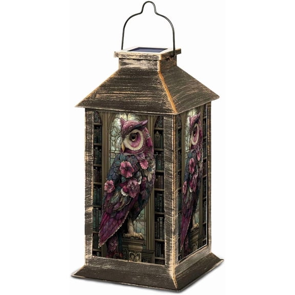 Solar Lantern Victorian Stained Glass Owl Floral Filigree Design Outdoor Garden Hanging Lantern Waterproof Solar Powered Lighting Outside Table Lamp for Deck Yard Camping Patio Decor