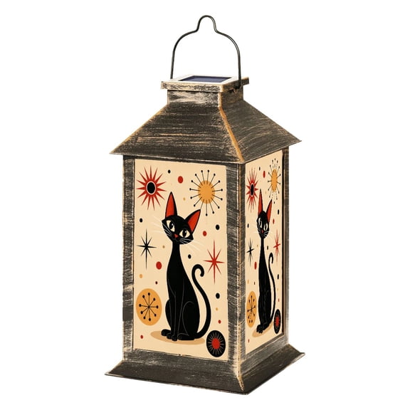 Solar Lantern Vintage Cute Black Cat Modern Atomic Retro Abstract Geometric Classic Garden Hanging Lantern Waterproof Solar Powered Lighting Outdoor Lamp for Deck Yard Camping Patio Decor