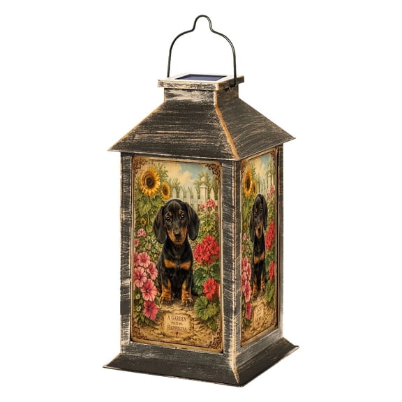Solar Lantern Vintage Dachshund Puppy Vibrant Flower Garden Rustic Fence Garden Hanging Lantern Waterproof Solar Powered Lighting Outdoor Lamp for Deck Yard Camping Patio Decor