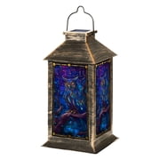 Solar Lantern Vivid Fantasy Owl Gnarled Tree Branch Glass Panel Garden Hanging Lantern Waterproof Solar Powered Outdoor Lamp for Deck Yard Camping Patio Decor