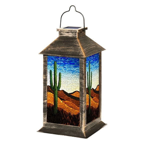 Solar Lantern Western Landscape Stained Glass Emerald Greens Garden Hanging Lantern Waterproof Solar Powered Lighting Outdoor Lamp for Deck Yard Camping Patio Decor