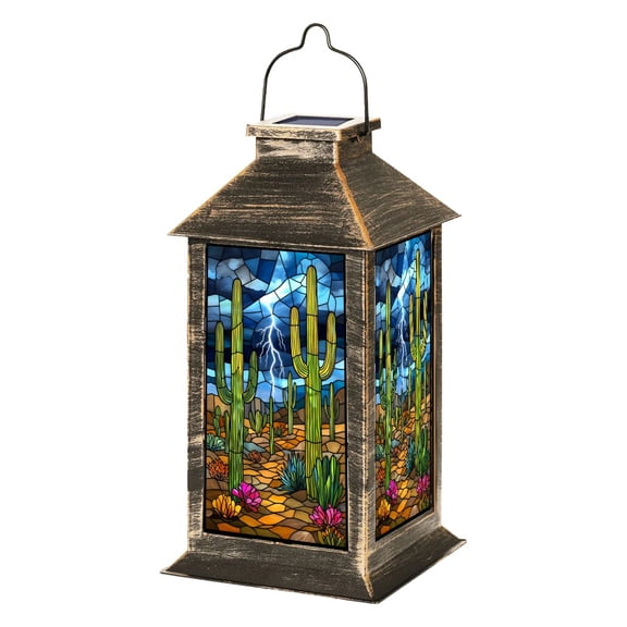Solar Lantern Western Landscape Stained Glass Garden Hanging Lantern Waterproof Solar Powered Lighting Outdoor Lamp for Deck Yard Camping Patio Decor