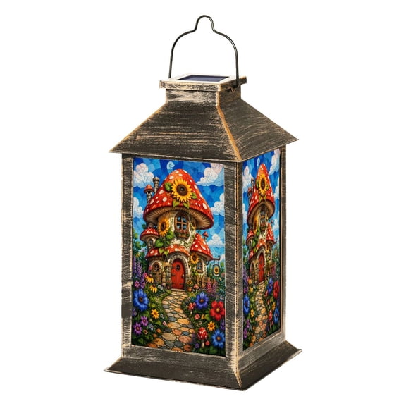 Solar Lantern Whimsical Mushroom Cottage House Sunflowers Garden Path Fantasy Fairy Garden Hanging Lantern Waterproof Solar Powered Lighting Outdoor Lamp for Deck Yard Camping Patio Decor