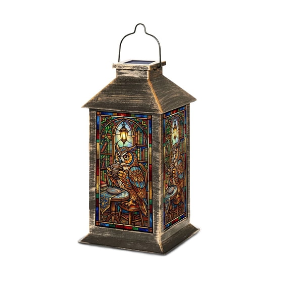 Solar Lantern Whimsical Owl Enjoying Coffee Cozy Library Stained Glass Prints Garden Hanging Lantern Waterproof Solar Powered Lighting Outdoor Table Lamp for Deck Yard Camping Patio Decor