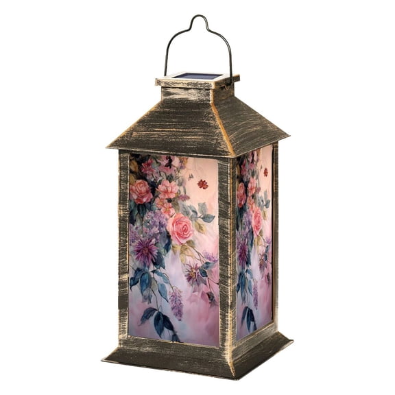 Solar Lantern Whimsical Spring Garden Watercolor Roses Lilacs Garden Hanging Lantern Waterproof Solar Powered Lighting Outdoor Lamp for Deck Yard Camping Patio Decor