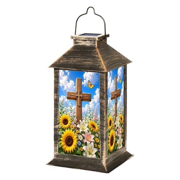 Solar Lantern Wooden Cross Blooming Spring Garden Sunflowers Lilies Bright Sky Garden Hanging Lantern Waterproof Solar Powered Lighting Outdoor Lamp for Deck Yard Camping Patio Decor