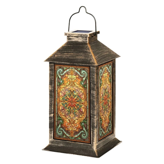 Solar Lantern stained glass abstract swirls leaves light orientation sepia Garden Hanging Lantern Waterproof Solar Powered Lighting Outdoor Lamp for Deck Yard Camping Patio Decor
