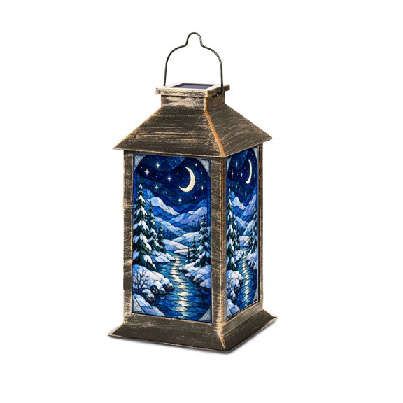 Solar Lantern stained glass winter Snow Covered Pines Landscape Garden Hanging Lantern Waterproof Solar Powered Lighting Outdoor Table Lamp for Deck Yard Camping Patio Decor
