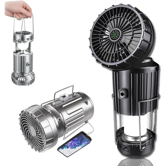 Solar Lantern with Fan, 5-in-1 Rechargeable LED Light for Camping, Hiking