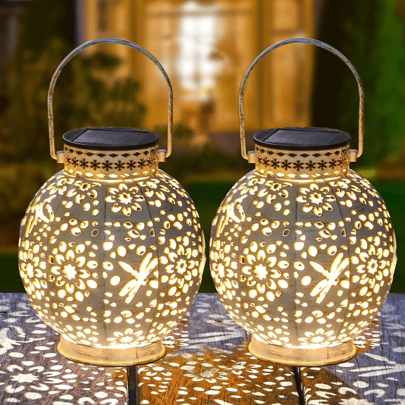 Solar Lanterns Outdoor Hanging Solar Lights Decorative Garden Lights Metal Waterproof Table Lamp for Patio Porch Backyard Pathway (2 Pack)