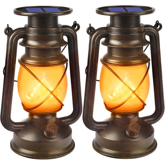 Solar Lanterns Outdoor Waterproof,2 Pack Bronze Vintage Lanterns with Dancing Flame Led Hanging Lights Decor,Lamps for Porch Garden Yard Pathway Camping