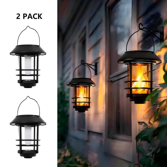 Solar Lanterns Outdoor Waterproof, 2 Pack Flickering Flame Wall Solar Lanterns for Fence Gate, Patio, Porch & Garden Decor