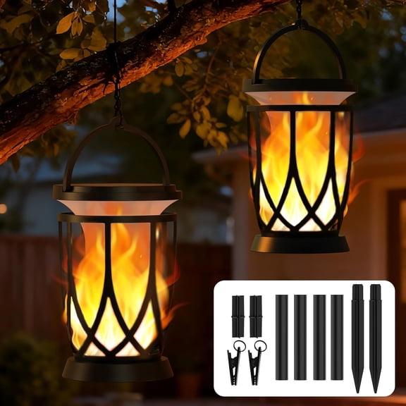 Solar Lanterns Outdoor Waterproof,2 Pack Flickering Solar Flame Lights Upgraded Hanging Flame Lantern Pathway Torch Light Table Lamp, Auto On/ Off Porch Yard Gifts(2 Lighting Modes)