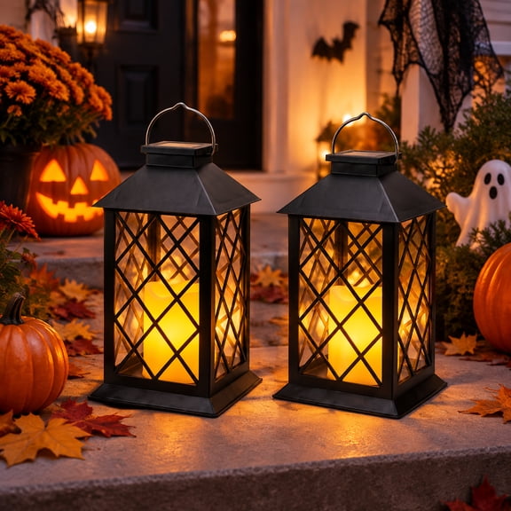 Solar Lanterns Outdoor Waterproof, 2 Pack Hanging Flickering Flame Lantern for Patio