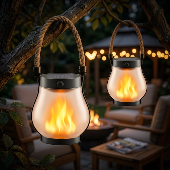Solar Lanterns Outdoor Waterproof, Outdoor Solar Lanterns with Flickering Flame Effect, USB&Solar Charging,Hanging Light for Garden Patio, 2 Pack