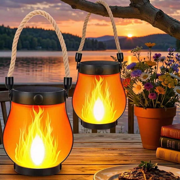 Solar Lanterns Outdoor Waterproof, 2 Pack Solar Lights with Ultra-Real Flame, Dual Charging USB & Solar, Outdoor Waterproof Hanging Lantern for Yard Home Camp Decor Gifts for Women