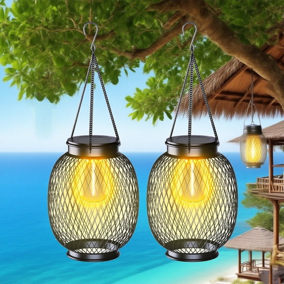 Solar Lanterns Outdoor Waterproof, 2 Pack Vintage Metal Solar Hanging Lanterns Outdoor with Hooks Solar Garden Decoration Lights Solar Lights Outdoor for Patio Balcony Yard Lawn, Black