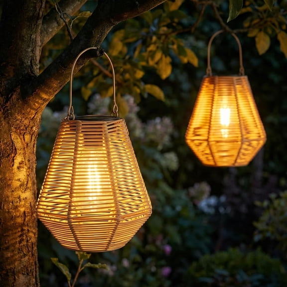 Solar Lanterns Outdoor Waterproof 2Pack Rattan Woven Hanging/Table Solar Lights with Warm White Edison Light Bulbs for Patio Yard Garden Outside Boho Decor, Gifts for Mom Women