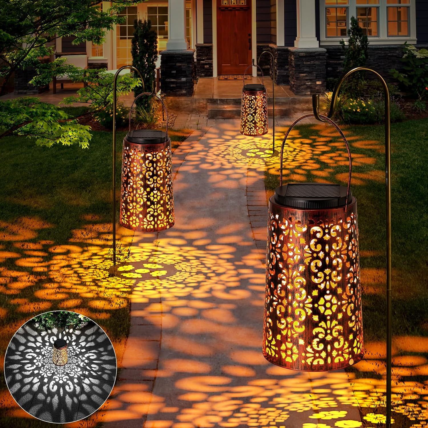 2 Pack Solar Mandala Projection Wall Lights, 7 Color Changing Outdoor Waterproof Metal Fence Lantern, Decorative Solar Sconce for Garden, Yard, Patio