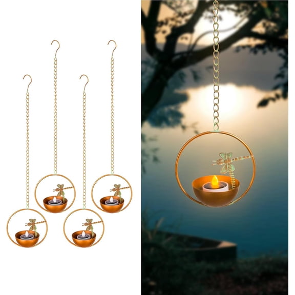 Solar Lanterns Outdoor Waterproof, 4 Pack Hanging Tea Lights with Candle Holder, Small Solar Chandelier for Trees, Patio, Backyard, Garden, Porch, Balcony Decorative (Dragonfly)