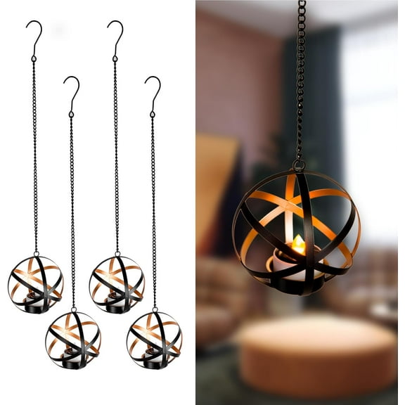 Solar Lanterns Outdoor Waterproof, 4 Pack Hanging Tea Lights with Candle Holder, Small Solar Chandelier for Trees, Patio, Backyard, Garden, Porch, Balcony Decorative (Armillary)