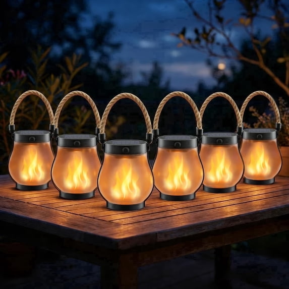 Solar Lanterns Outdoor Waterproof, Outdoor Solar Lanterns with Flickering Flame Effect, USB&Solar Charging,Hanging Light for Garden Patio, 6 Pack