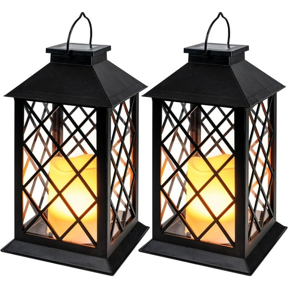 2-Pack 13'' Antique Copper Solar Lanterns - Outdoor Waterproof Hanging Lanterns with Flickering Flameless Candles for Patio Porch Backyard