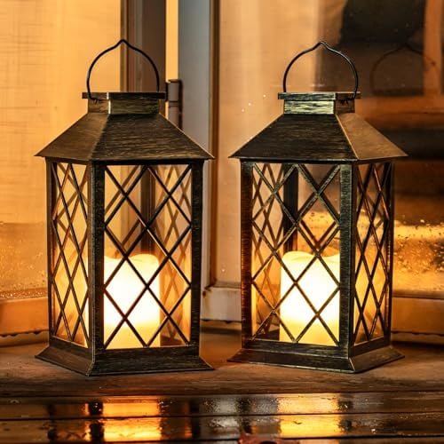 Solar Lanterns Outdoor Waterproof Hanging with Flickering Flameless Candles,2 Pack Garden Outdoor Lantern Decorative for Patio Front Porch Backyard Balcony Cabin Outside (Bronze)