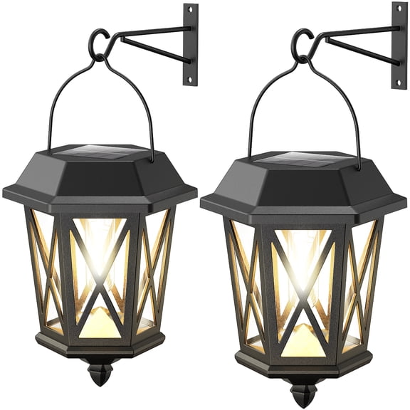 Solar Lanterns Outdoor Waterproof, Hanging Solar Lights with Glass Shade - 2 Pack LED Metal Wall Mount Outdoor Light for Yard/Garden/Patio - Black