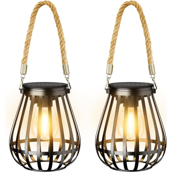 Solar Lanterns Outdoor Waterproof: Metal Hanging Lights for Outside with Rope for Garden, Yard, Patio, Porch, Balcony Decorations, Bright Hanging Solar Lantern Outdoor Decor Gifts for Women