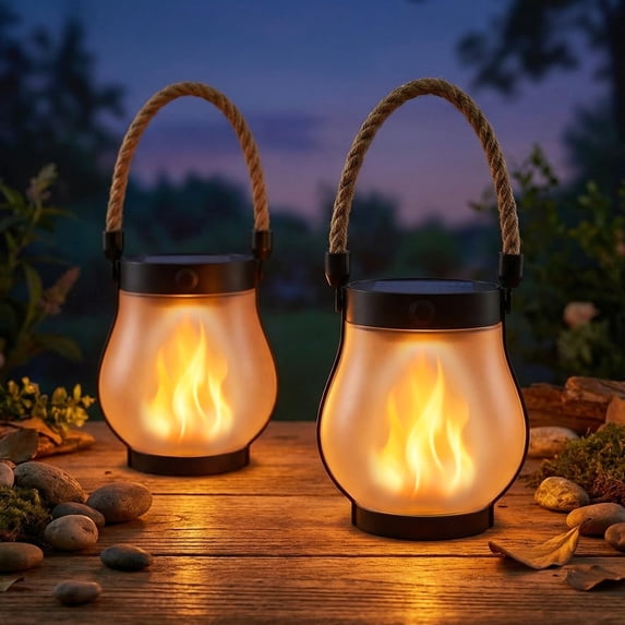 Solar Lanterns Outdoor Waterproof, Outdoor Solar Lanterns with Flickering Flame Effect, USB-C & Solar Charging, Auto Dusk to Dawn, Hanging Light for Garden Patio Yard